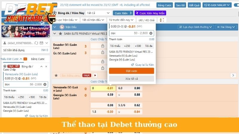 Thể thao tại Debet thưởng cao